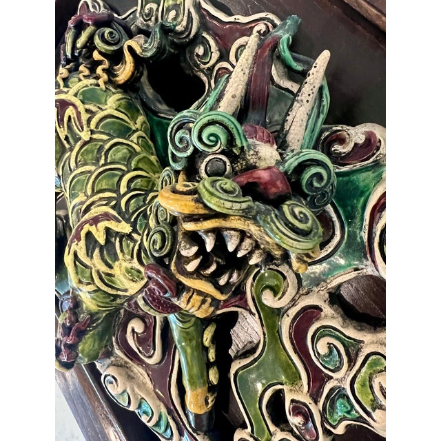 Brown Mounted Antique Chinese Mythical 'Scaled Qilin' Dragon, Glazed Shiwan Tile, Framed Wall Hanging For Sale - Image 8 of 11