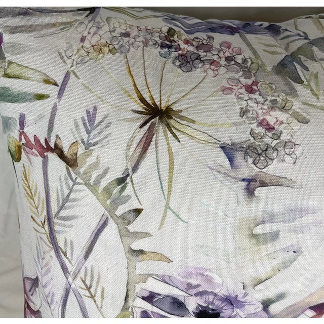 English 20" Square Decorative Throw Pillow With a Beautiful Muted Water Color Look Floral Pattern in Blues and Pinks - Made in U K For Sale - Image 3 of 12