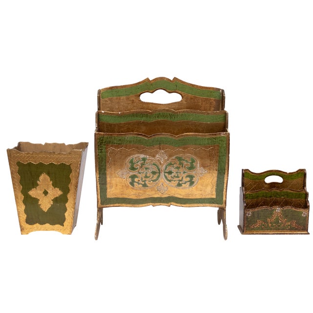 Florentine Newspaper Rack, Letter Holder & Paper Basket, Italy, 1960s, Set of 3 For Sale