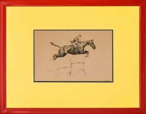 "Tripple Bar" Military Rider Drypoint Drawing by Paul Desmond Brown (1893-1958)