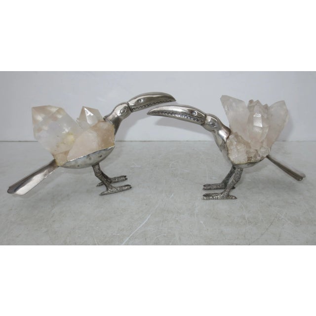 Metal Gerson Brazilian Rock Crystal and Silvered Brass Toucans -A Pair of 2 For Sale - Image 7 of 7