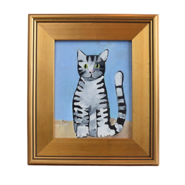 Original Folk Art Tabby Cat Kitten Oil Painting Including the Antiqued ...