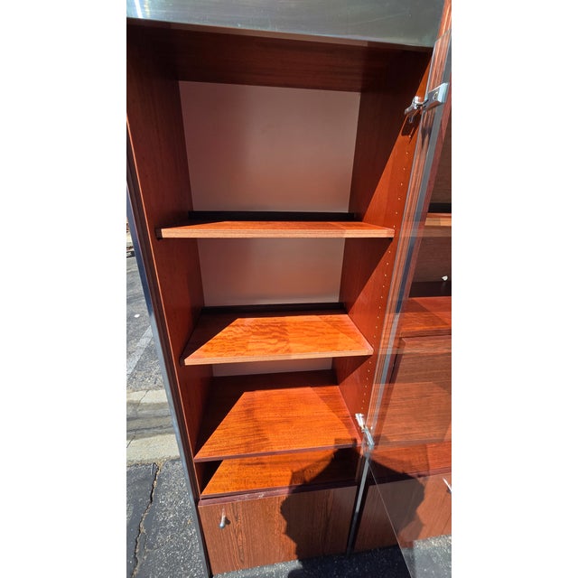 Vintage Mid Century Modern Three Bay Bookcase Wall Unit W Glass Cabinet Doors For Sale - Image 11 of 17