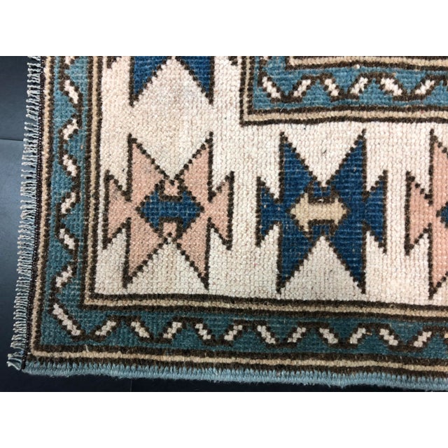 Vintage Geometric Design Turkish Oushak Handmade Peach and Blue Rug For Sale - Image 9 of 11
