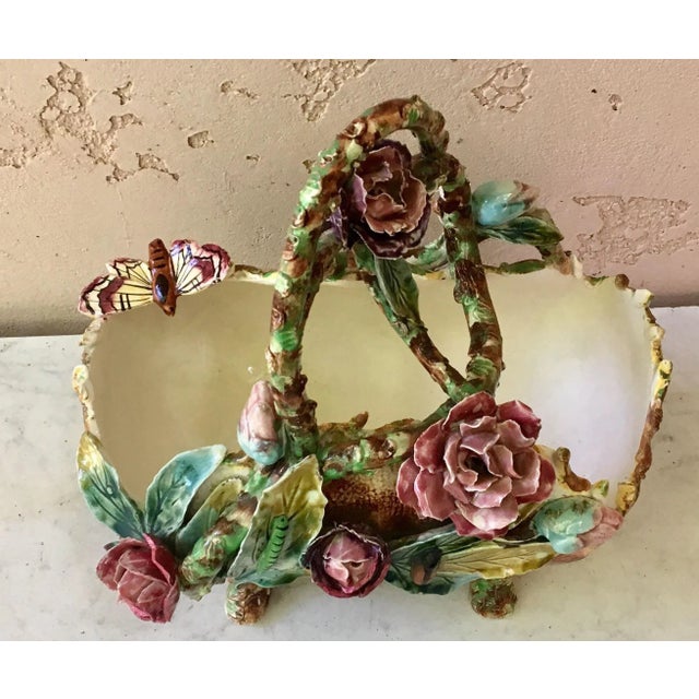 Traditional French Majolica Flowers and Insects Basket, circa 1880 For Sale - Image 3 of 11