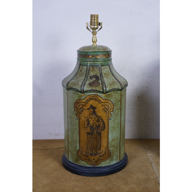 Late 20th Century Chinese Chinoiserie Green Gilt Toleware Tea Canister Caddy Banquet Lamps - a Pair For Sale - Image 4 of 18