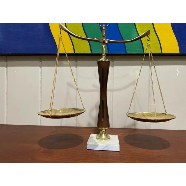 Art Deco 1970s Vintage Law Lawyer Justice Scale Brass, Wood, and Marble For Sale - Image 3 of 7