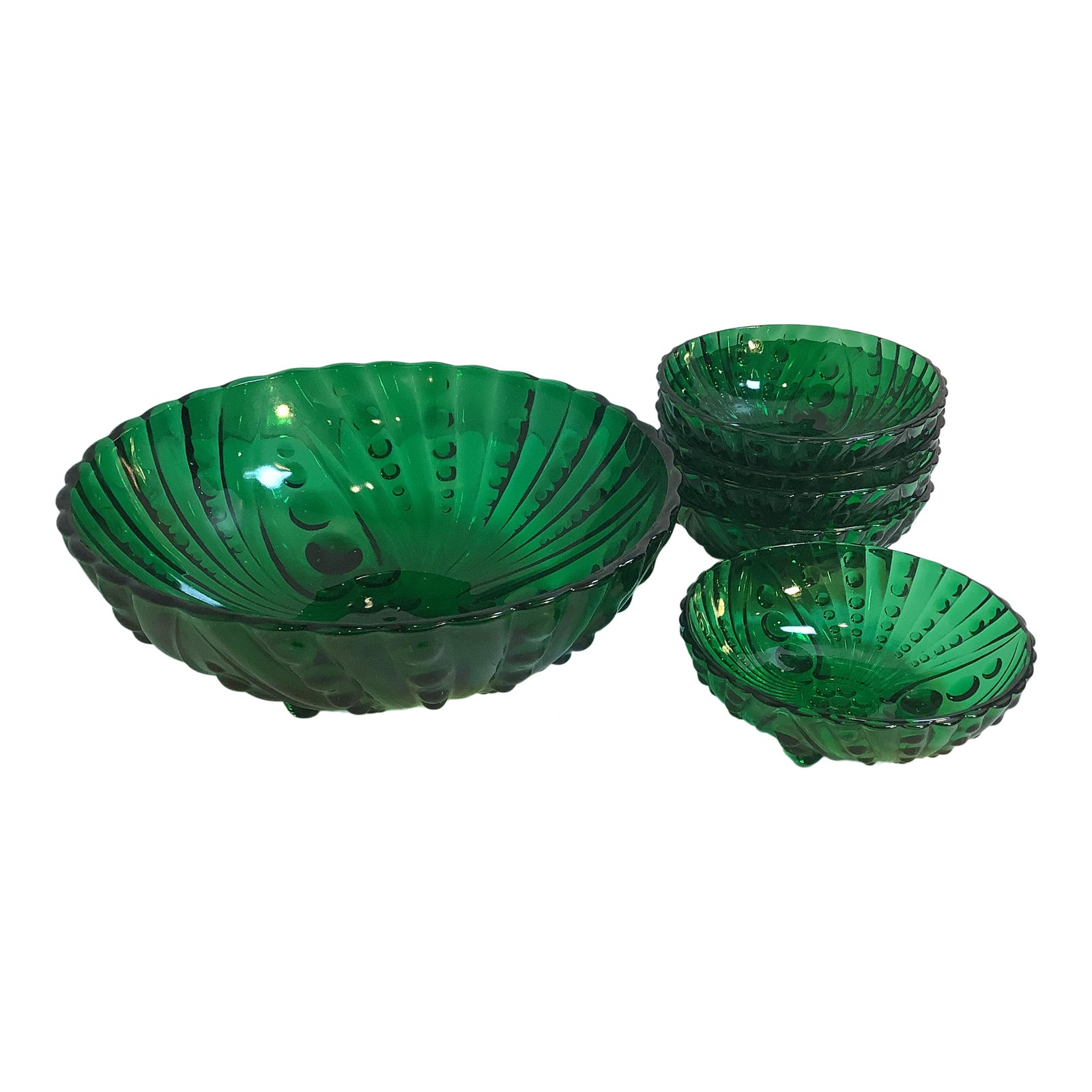 Early 1900s Indiana Glass Art Deco Berry Bowl Set in Bottle Green - 6 Pieces
