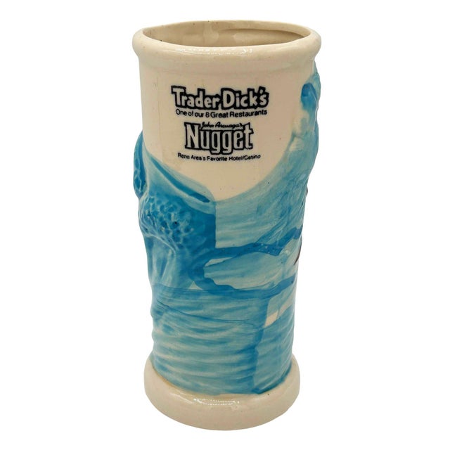 Mid-Century Modern 1980 Trader Dick's Casino Surfer Hula Girl Riding Wave Blue Ceramic Tiki Mug For Sale - Image 3 of 5