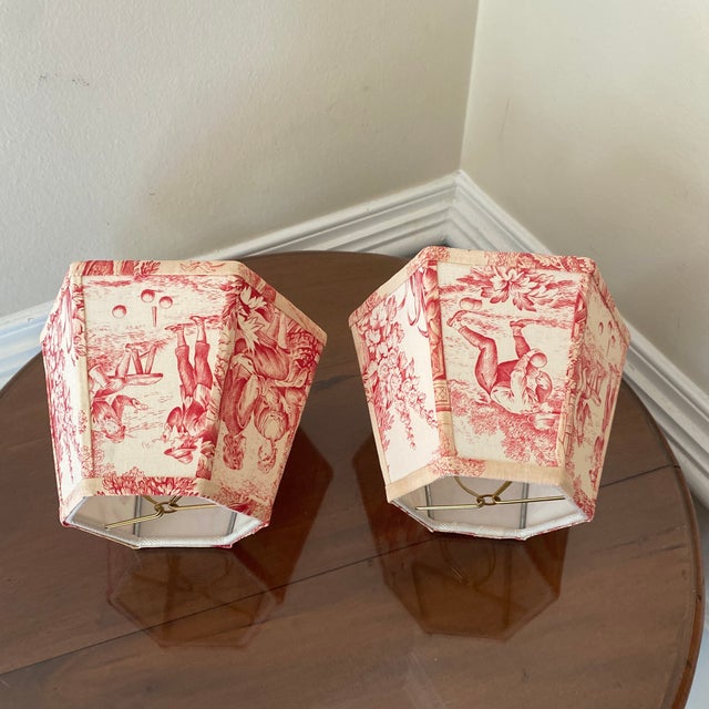 Late 20th Century French Toile Sconces Lamp Shades ~ a Pair For Sale - Image 9 of 12