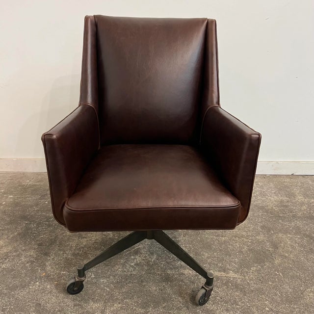 Restored Mid Century Brown Leather Office Chair on Wheels Wheels Milo