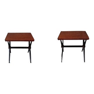 1950s Pair Fredrick T. Rank Mid Century X Stretcher Tables Like Robsjohn Gibbings For Sale