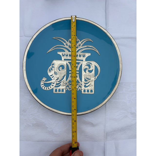 Metal Mid 20th Century Asian Champlevé Style Turquoise Enamel & Pierced Metal Elephant Plate - 10" For Sale - Image 7 of 11