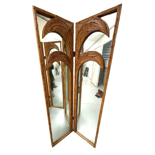 Boho Chic Vivai Del Sud Italian 1970’s Split Reed Mirrored Screens For Sale - Image 3 of 12