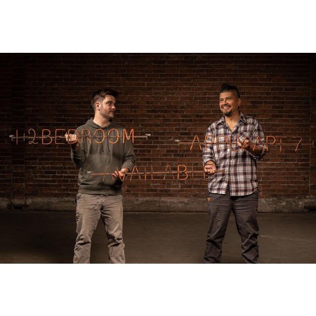 A group of three hand-formed metal word signs originally used for an apartment building's rental announcements. Each...