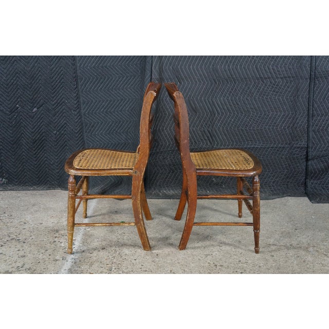 Brown 2 Antique American Country Oak Farmhouse Ladderback Chairs Cane Seat Pair For Sale - Image 8 of 18