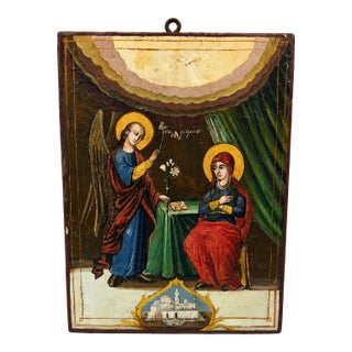 19th Century Greek Orthodox Annunciation Archangel Gabriel and Virgin Mary Icon Painting on Wood Block For Sale