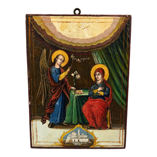 19th Century Greek Orthodox Annunciation Archangel Gabriel and Virgin Mary Icon Painting on Wood Block For Sale