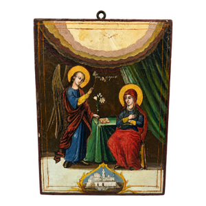 19th Century Greek Orthodox Annunciation Archangel Gabriel and Virgin Mary Icon Painting on Wood Block