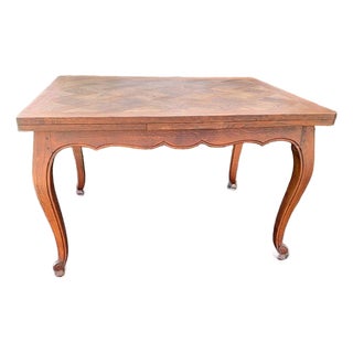 1920s French Provincial Oak Parquet Draw Leaf Dining Table For Sale