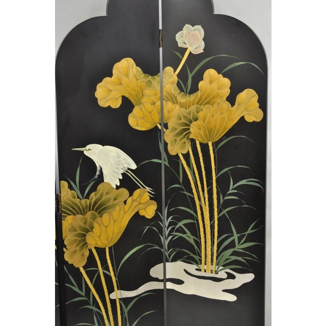 Wood Decorator Chinoiserie Black Lacquer Oriental Painted 4 Panel Room Divider Screen For Sale - Image 7 of 16