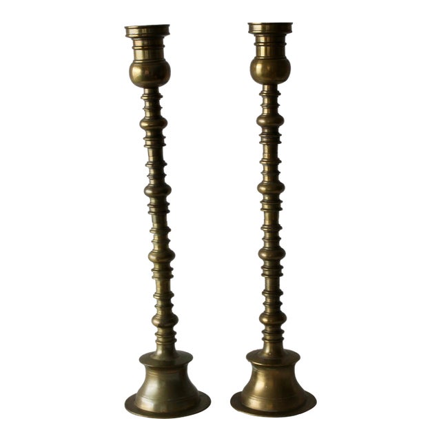 Vintage Mid Century Large Brass Altar Floor Candle Holders Patina, a Pair For Sale