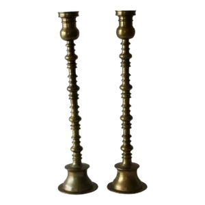 Vintage Mid Century Large Brass Altar Floor Candle Holders Patina, a Pair