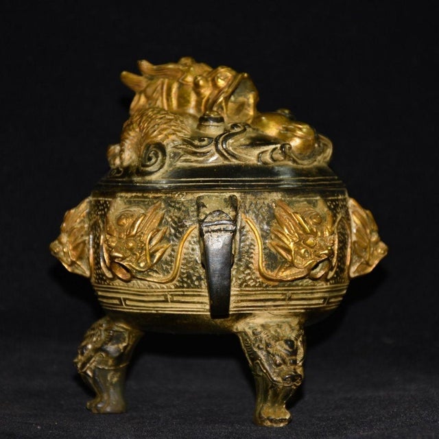 Ornate Bronze Dragon Censer - Chinese Style Incense Burner With Foo Dog Lid For Sale - Image 4 of 8