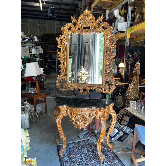 Vintage Syroco Detailed Mirror and Console Table With Stone Top Set For Sale In Atlanta - Image 6 of 7
