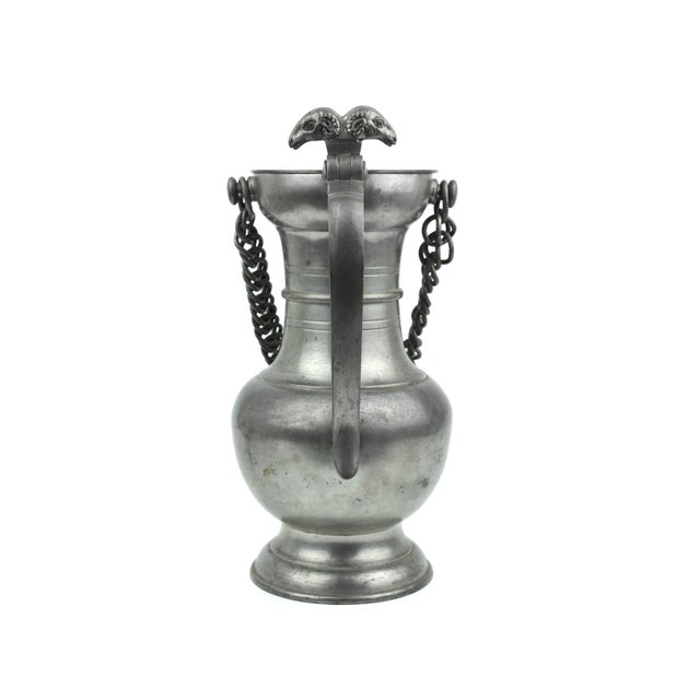 English Mid 20th Century Swiss Made Heavy Pewter Lidded Pitcher Flagon With Chain Handle and Ram Heads Finials For Sale - Image 3 of 11