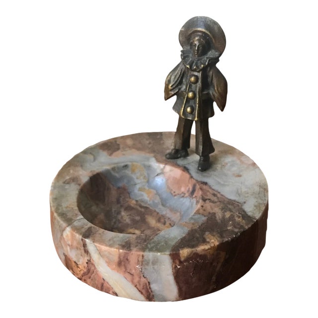 Antique Art Deco French Clown Pierrot Marble and Bronze Pipe Holder/Ashtray/Catchall For Sale