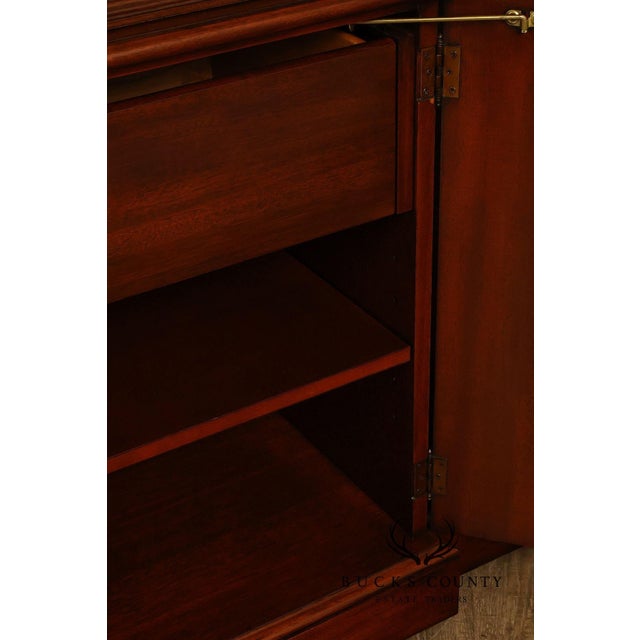 Karges English Style Mahogany Breakfront China Cabinet Display Bookcase with Carved Pediment and Silk Backing For Sale - Image 10 of 18