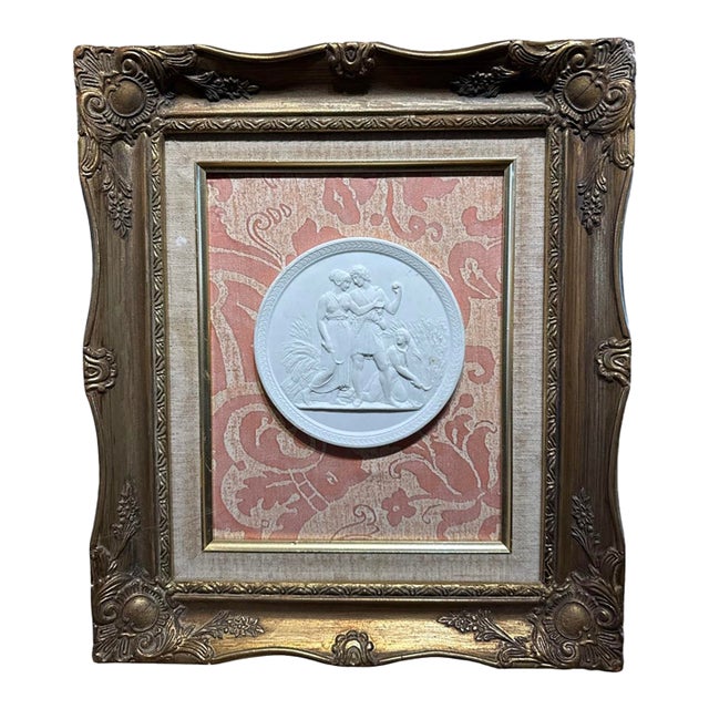 Vintage Italian Medallion Souvenir of Grand Tour Framed on Fortuny Fabric. For Sale