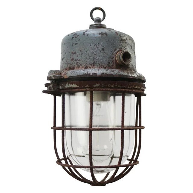 Metal Vintage Industrial Grey Metal & Clear Glass Pendant Light For Sale - Image 7 of 7