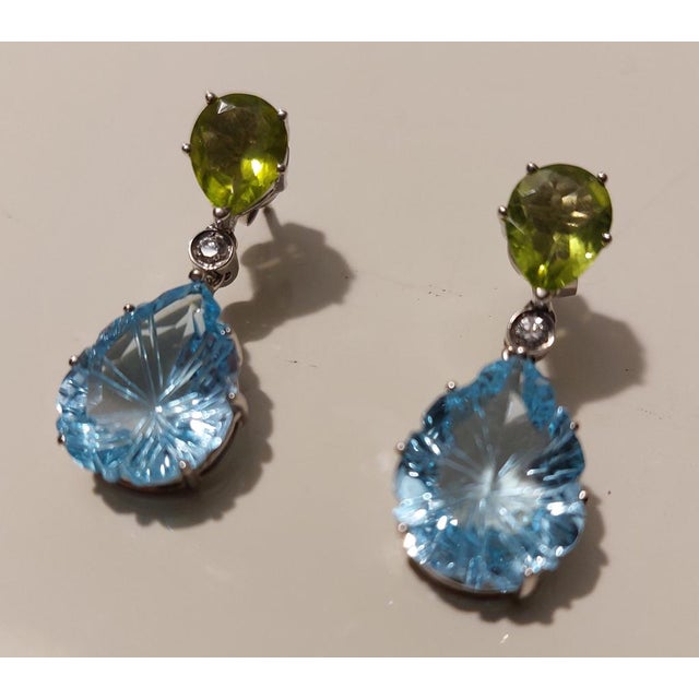 18k/750 White Gold Earrings with Diamonds and Topaz and Peridot, 1990s, Set of 2 For Sale - Image 13 of 18