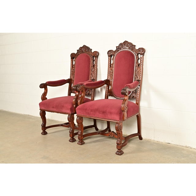 Victorian R. J. Horner Style Antique Renaissance Revival Carved Walnut Armchairs | Pair For Sale - Image 3 of 14