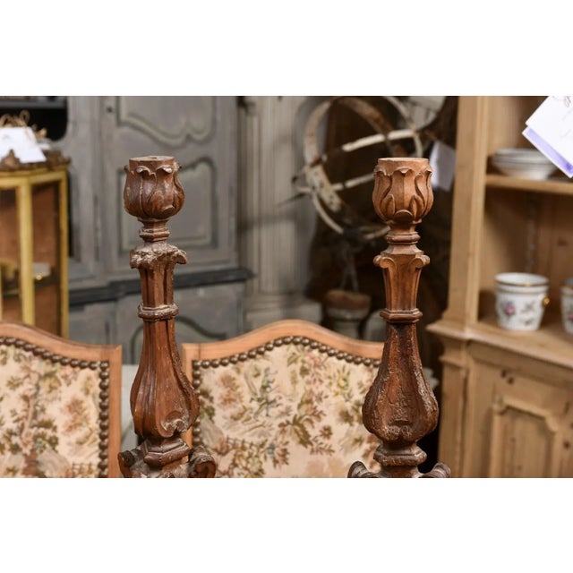 Wood Italian 17th Century Baroque Period Altar Candlesticks with Carved Décor - A Pair For Sale - Image 7 of 12