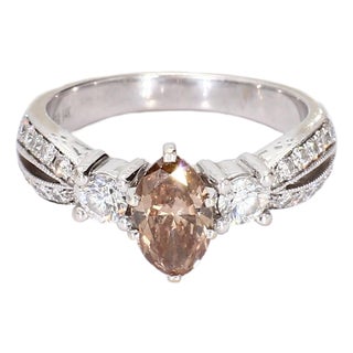 14k White Gold Engagement Ring With Champagne Marquise Diamond - Size 7.25 For Sale