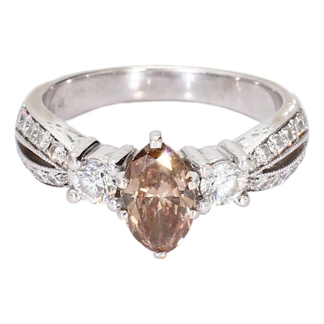 14k White Gold Engagement Ring With Champagne Marquise Diamond - Size 7.25 For Sale