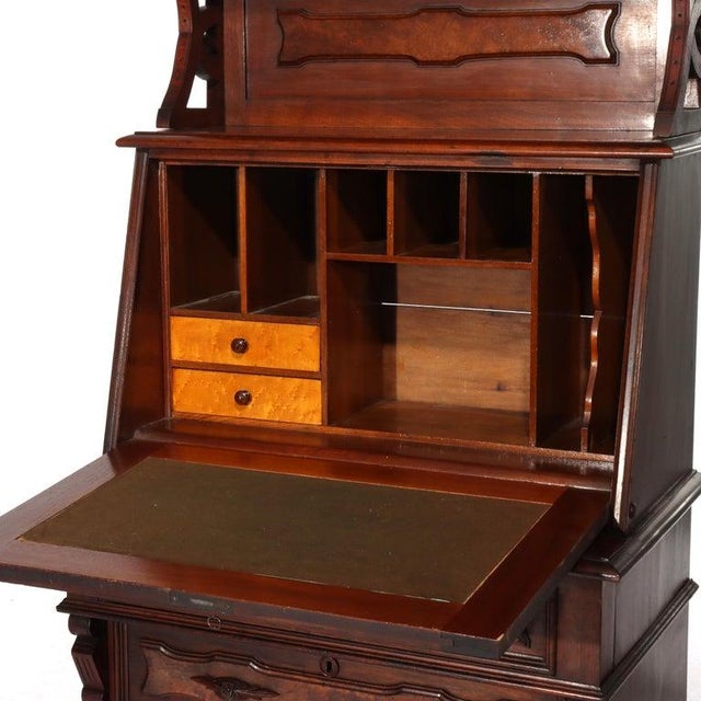 Brown Antique Renaissance Revival Walnut & Burl Four-Drawer Drop Front Secretary C1880 For Sale - Image 8 of 13