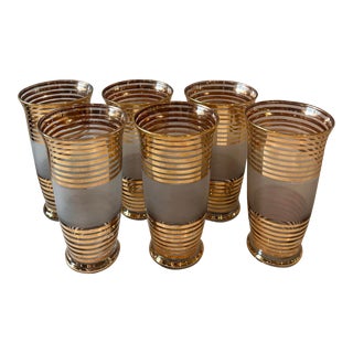 Set of 6 Vintage Art Deco Frosted Glasses With Gold Stripes For Sale