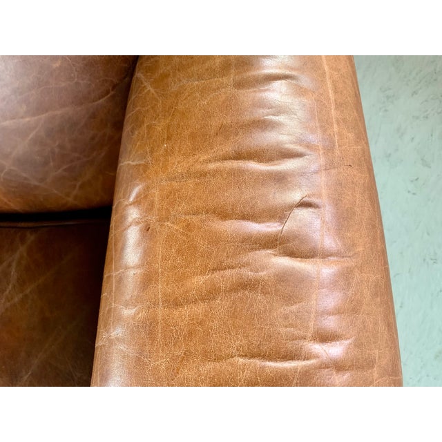 2000 - 2009 Pair of Leather Club Chairs, French Art Deco-Style, Classic Distressed Brown Leather, "Mustache" Back For Sale - Image 5 of 13