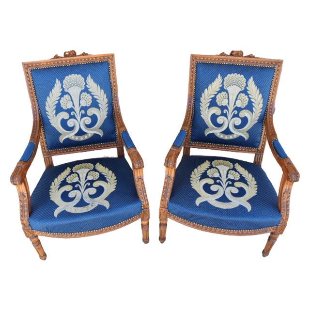 Antique Carved Oak Armchairs Upholstered in French Blue Silk Fabric W/ Gold & Silver Thread Accenting - Pair For Sale - Image 13 of 13