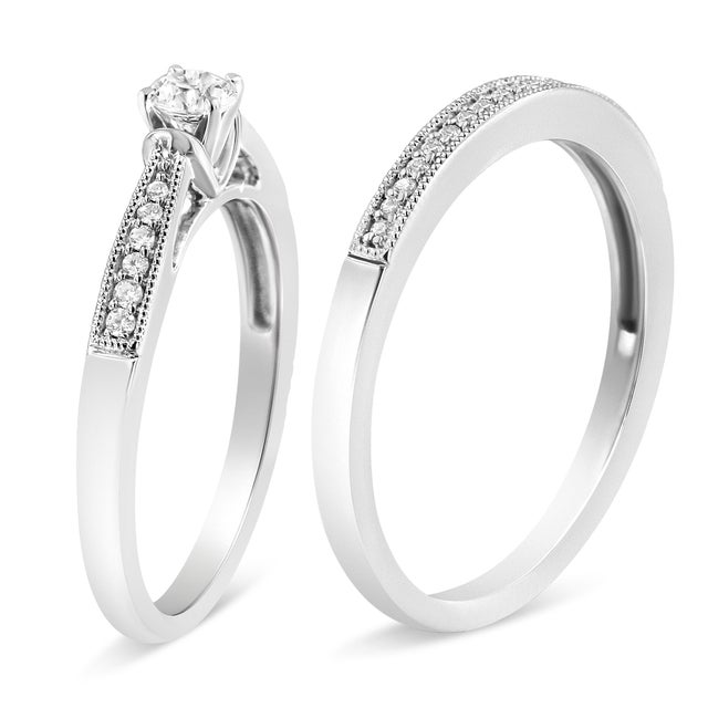 Contemporary .925 Sterling Silver 1/3 Cttw Diamond Classic Engagement Ring Bridal Set with Milgrain (I-J Color, I3 Clarity) - Ring - Size 9 For Sale - Image 3 of 5
