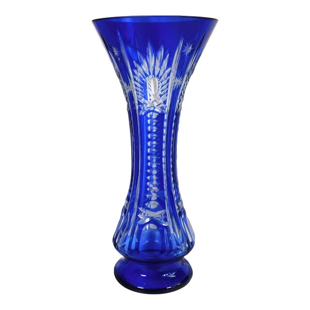 1950s Slender Blue Cut to Clear Vase For Sale