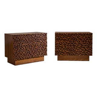 Pair of Contemporary Italian Sideboards With Brutalist Surface Design For Sale