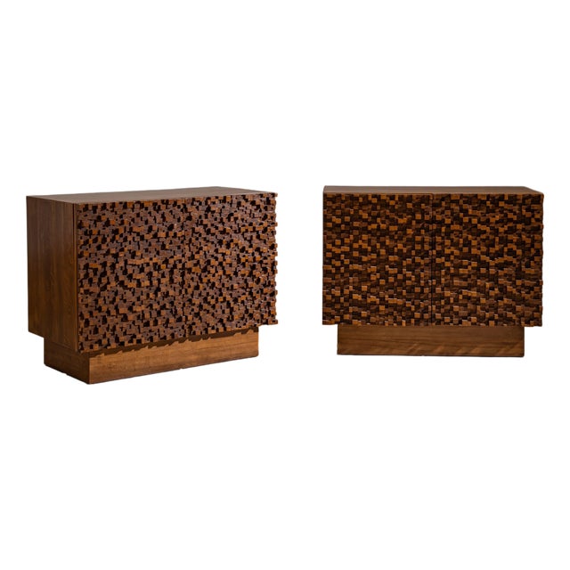 Pair of Contemporary Italian Sideboards With Brutalist Surface Design For Sale