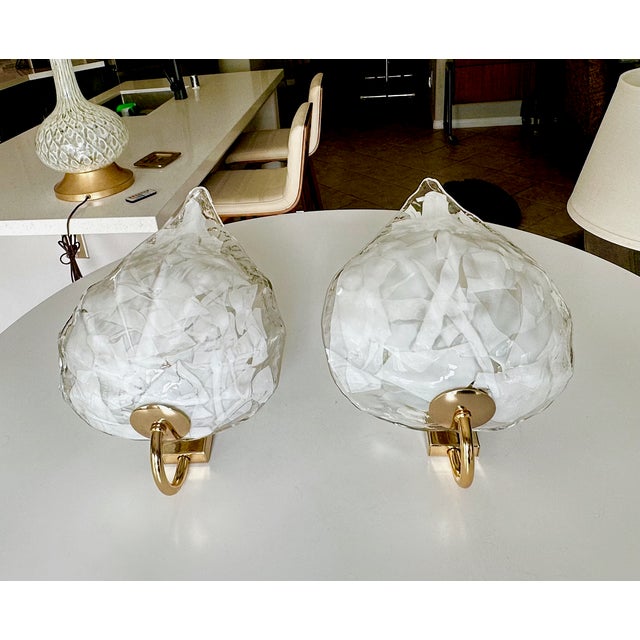 Pair of Mazzega Murano White and Clear Glass Leaf Wall Sconces For Sale - Image 4 of 18