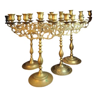 Set of 4 Antique 19th Century Polish Brass 5-Light Shabbat Candelabras Lions of Judah For Sale