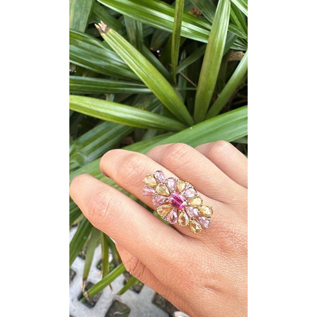 Metal Set in 18k Rose Gold, Pink Sapphires, Tourmaline & Diamond Cluster Cocktail Ring, Size 6 For Sale - Image 7 of 11